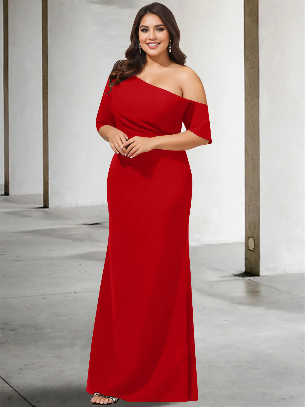 A Line Long One Shoulder 3/4 Sleeve Pure Color Plus Size Mother of the Bride Gown