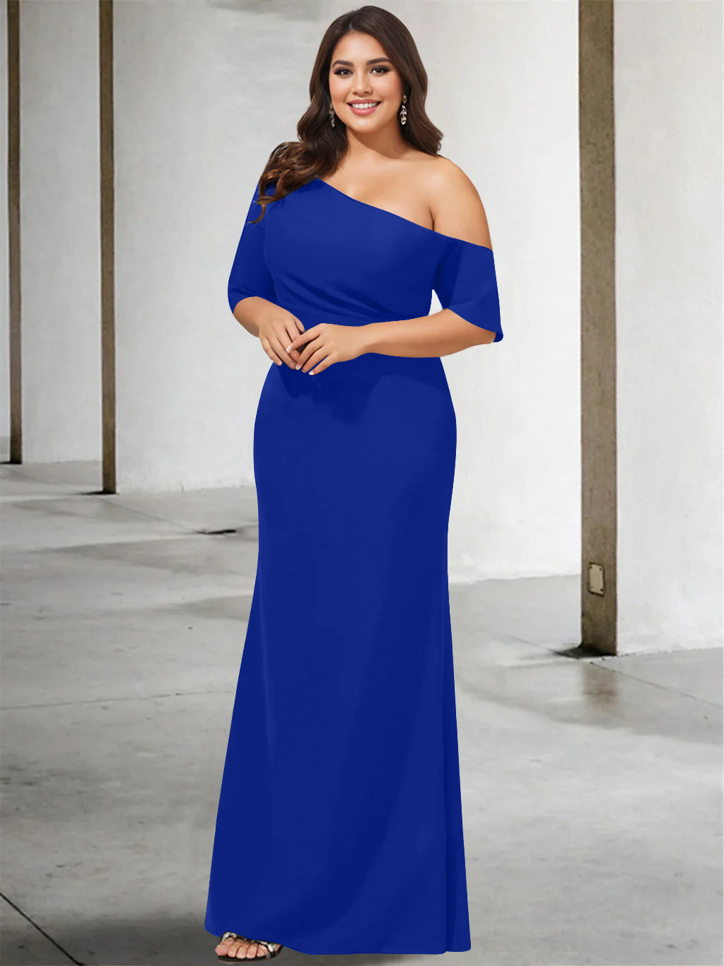 A Line Long One Shoulder 3/4 Sleeve Pure Color Plus Size Mother of the Bride Gown