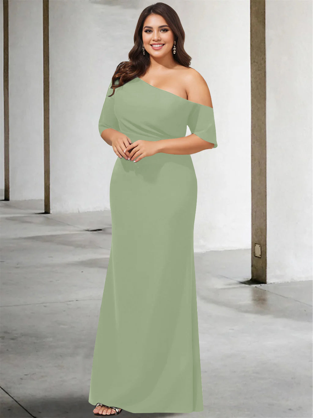 A Line Long One Shoulder 3/4 Sleeve Pure Color Plus Size Mother of the Bride Gown