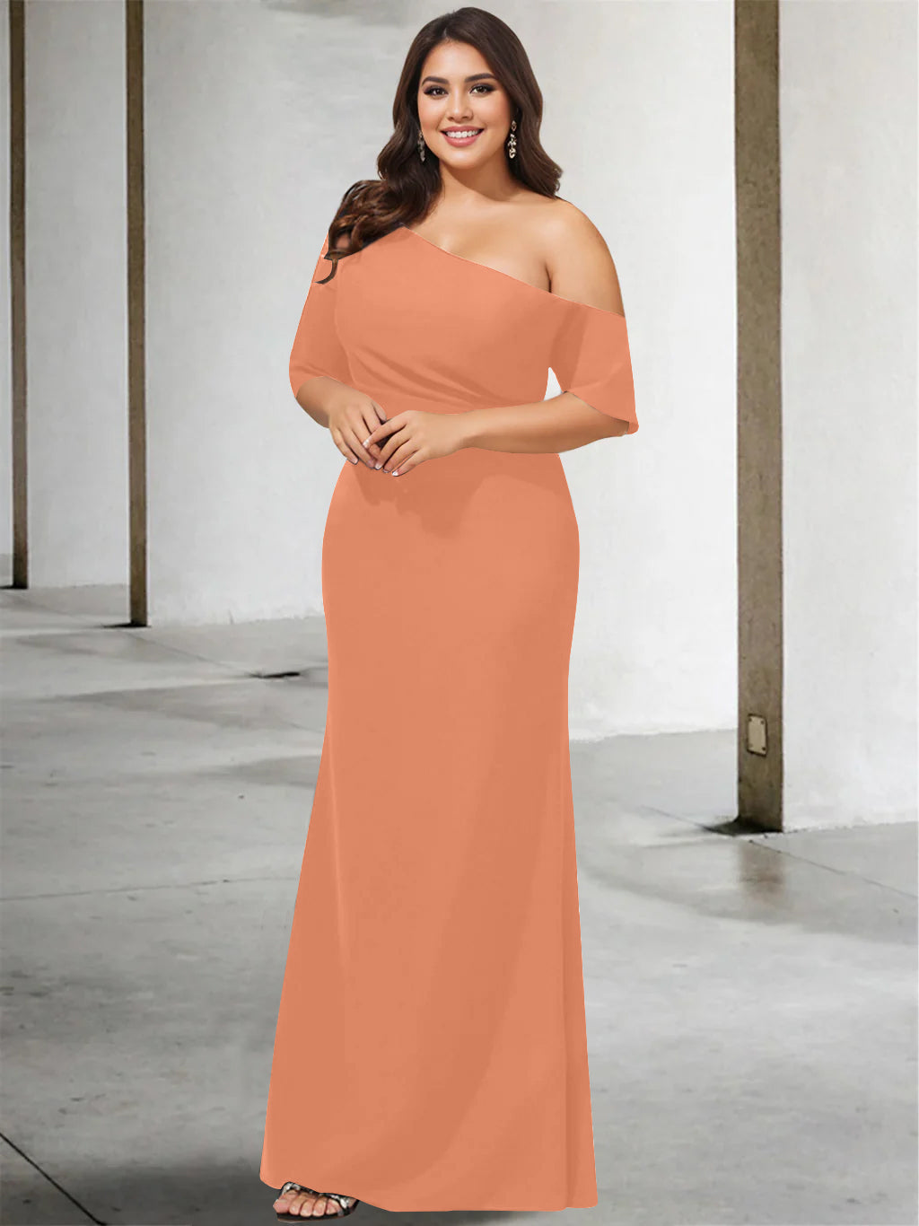 A Line Long One Shoulder 3/4 Sleeve Pure Color Plus Size Mother of the Bride Gown