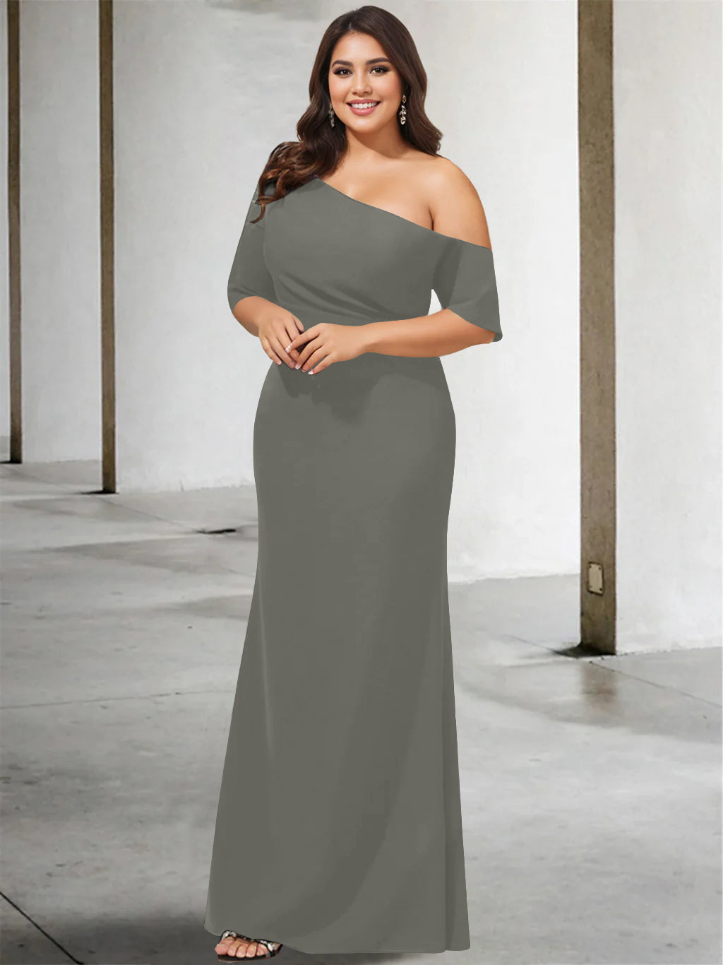 A Line Long One Shoulder 3/4 Sleeve Pure Color Plus Size Mother of the Bride Gown