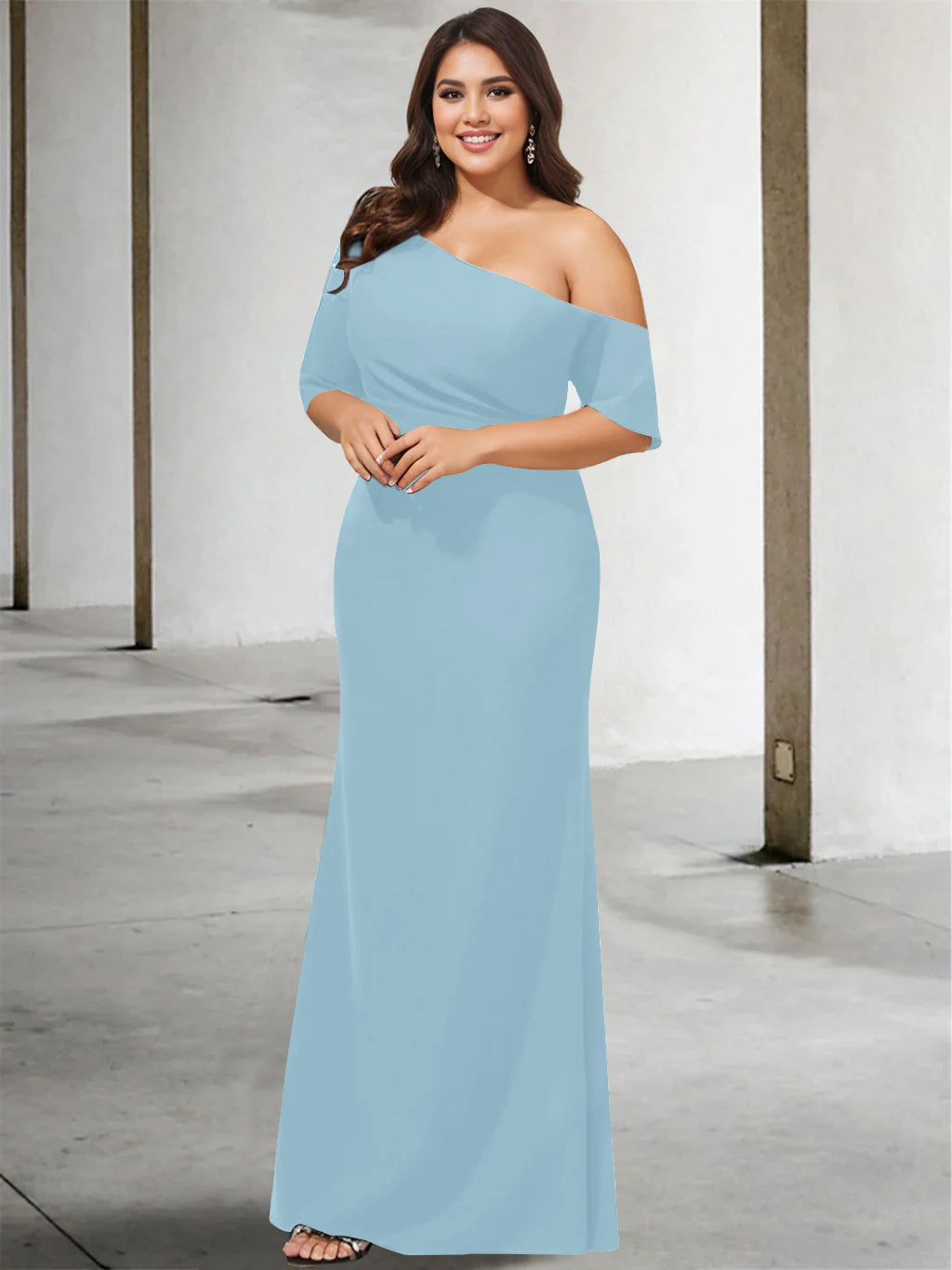 A Line Long One Shoulder 3/4 Sleeve Pure Color Plus Size Mother of the Bride Gown