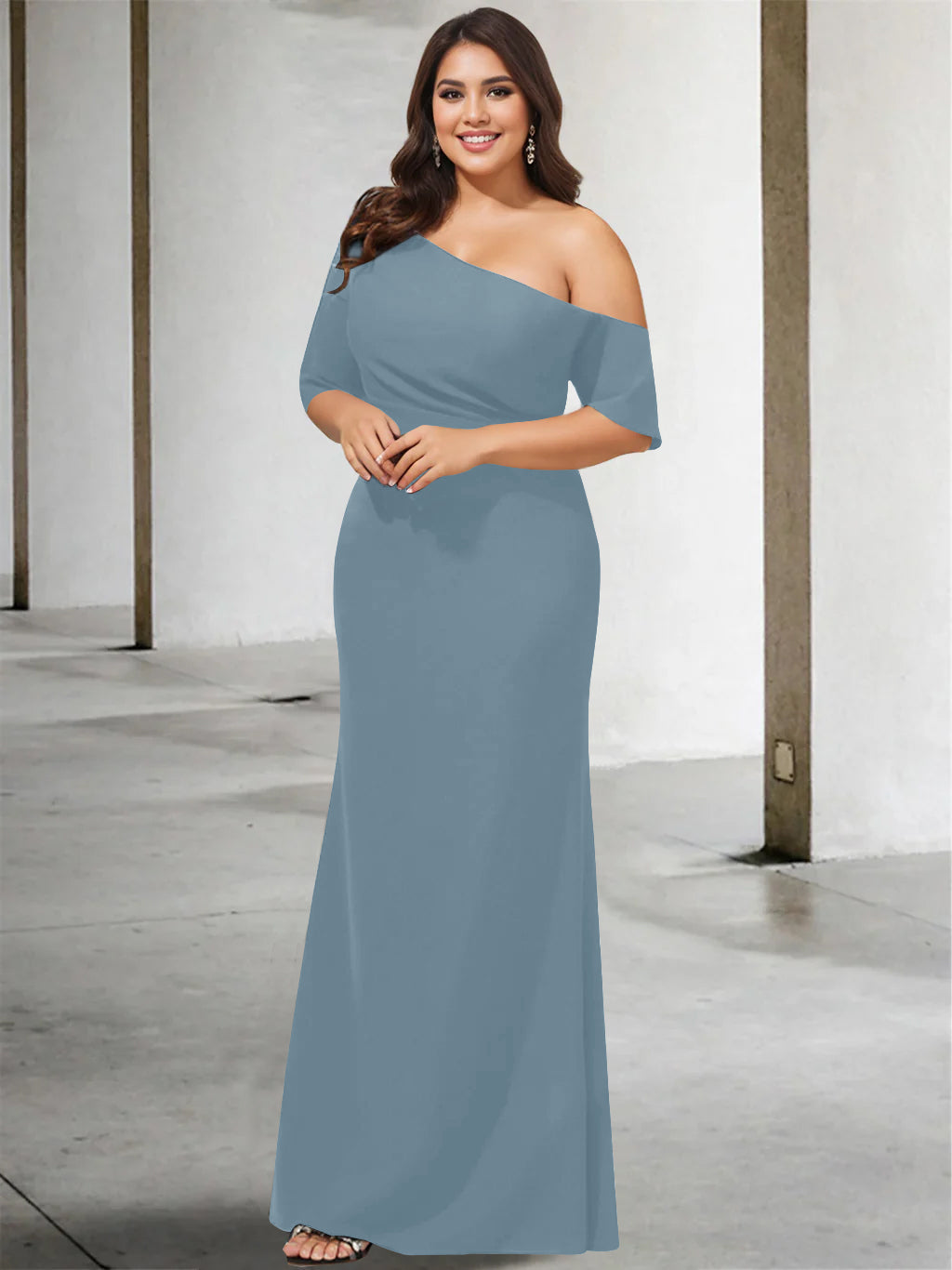 A Line Long One Shoulder 3/4 Sleeve Pure Color Plus Size Mother of the Bride Gown
