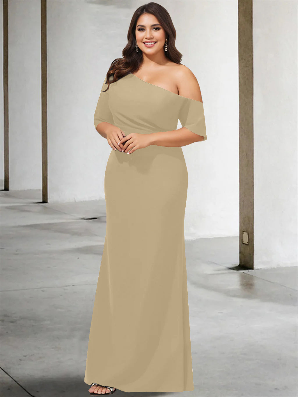 A Line Long One Shoulder 3/4 Sleeve Pure Color Plus Size Mother of the Bride Gown