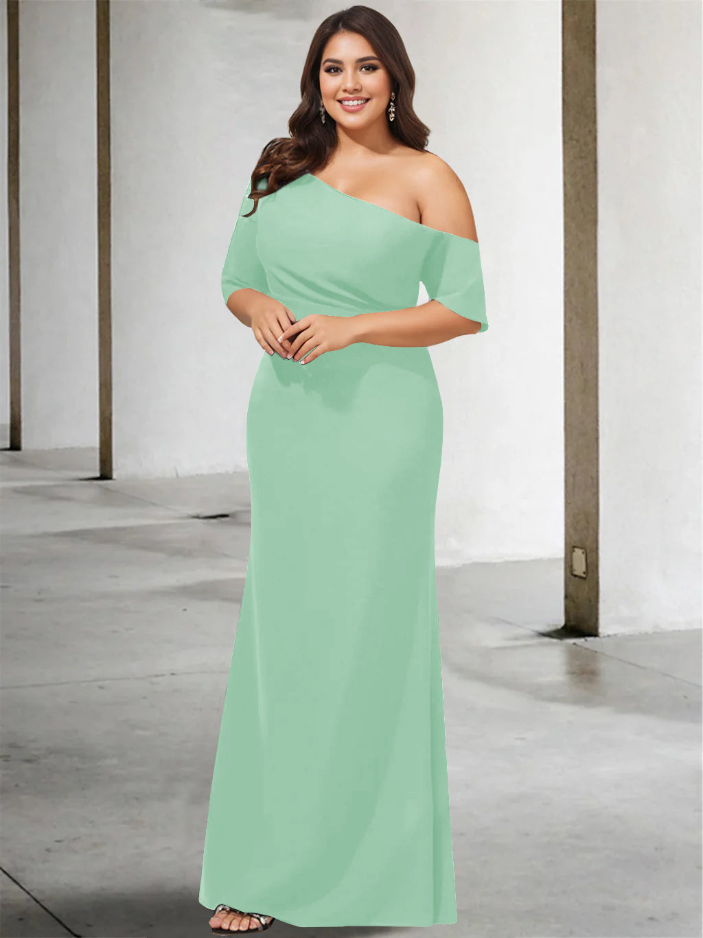 A Line Long One Shoulder 3/4 Sleeve Pure Color Plus Size Mother of the Bride Gown