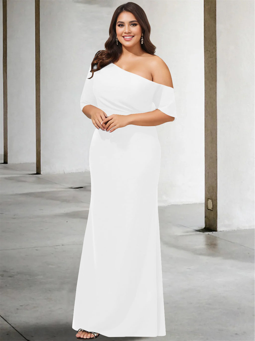 A Line Long One Shoulder 3/4 Sleeve Pure Color Plus Size Mother of the Bride Gown