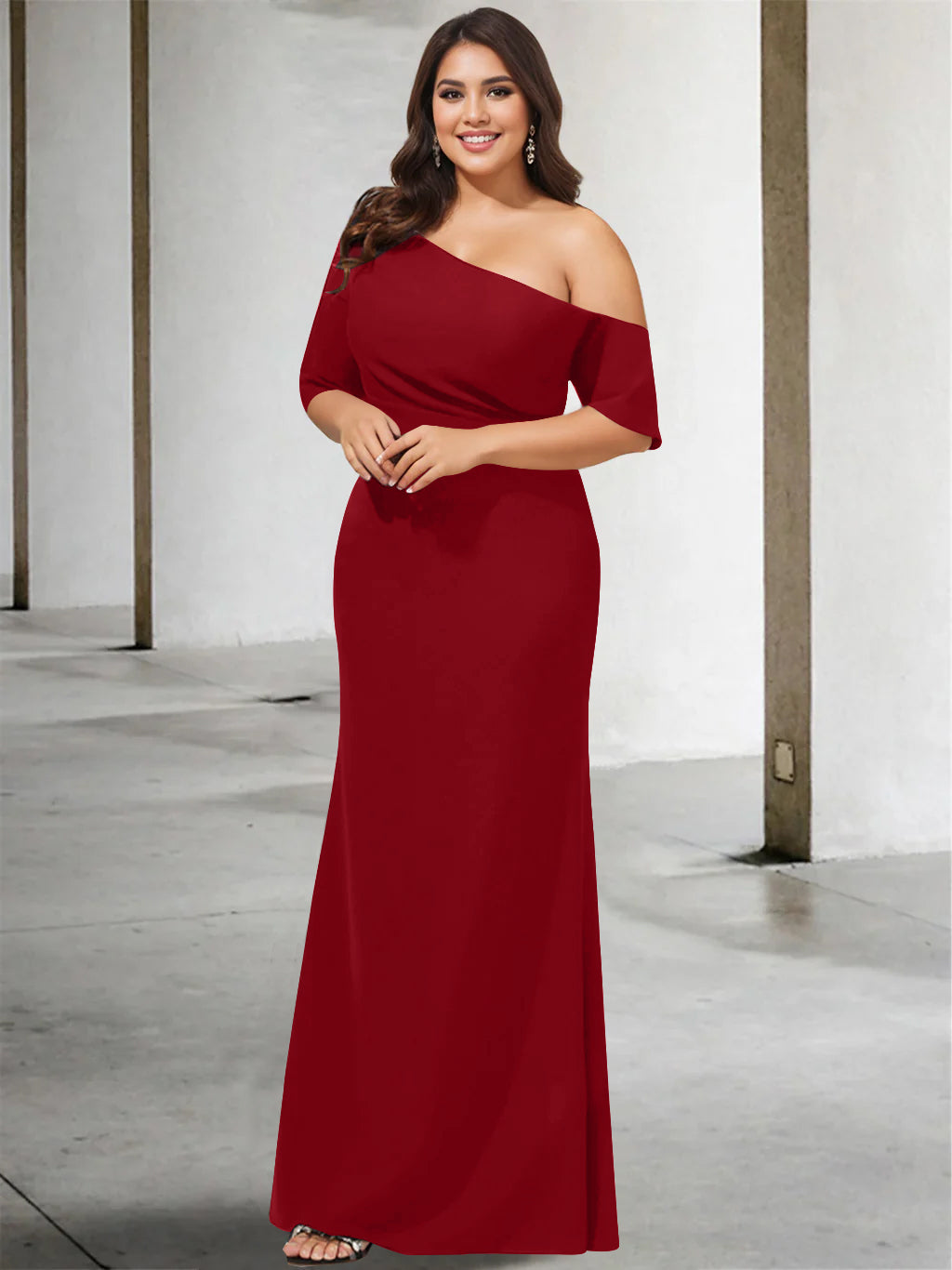 A Line Long One Shoulder 3/4 Sleeve Pure Color Plus Size Mother of the Bride Gown