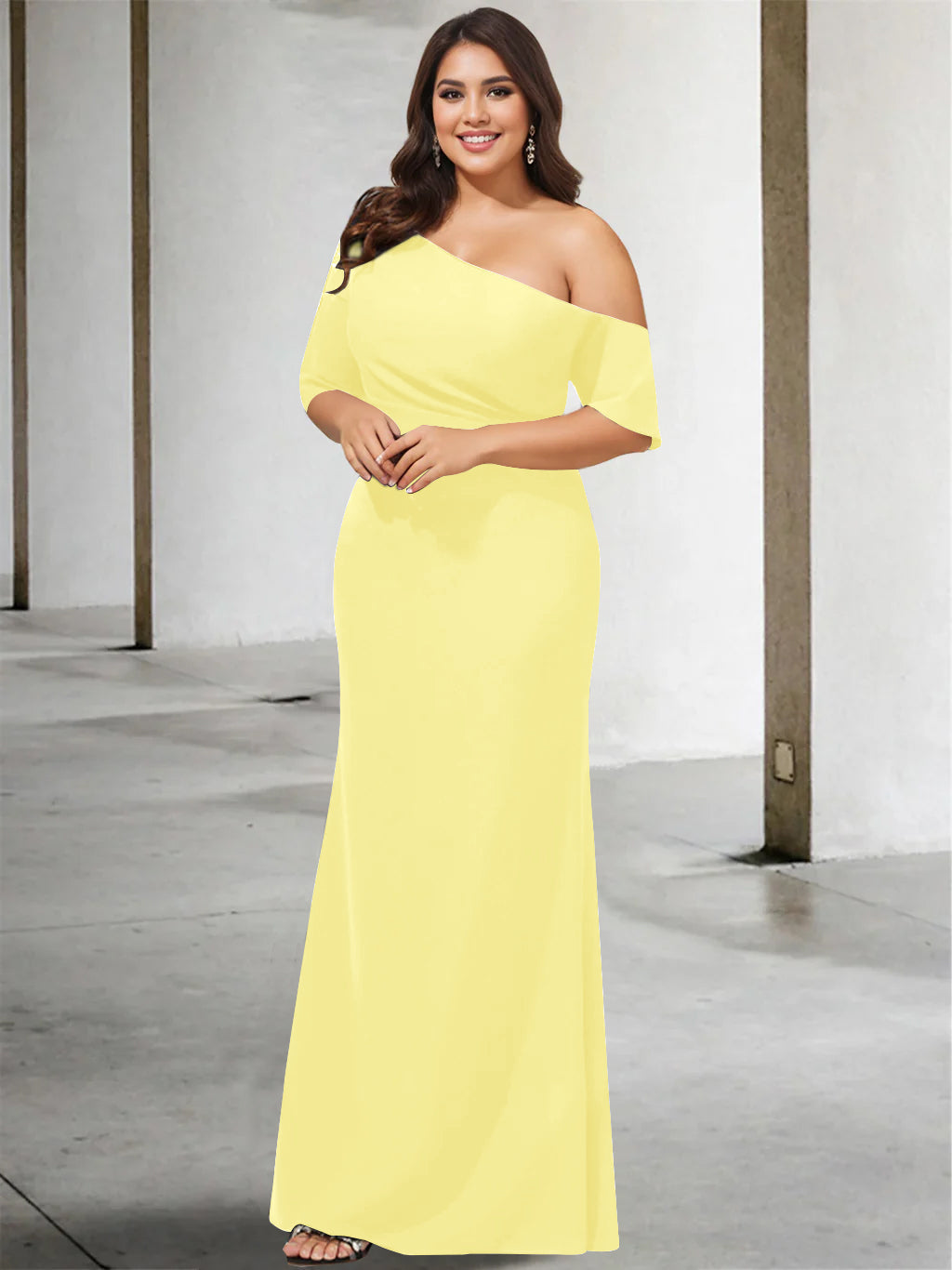 A Line Long One Shoulder 3/4 Sleeve Pure Color Plus Size Mother of the Bride Gown