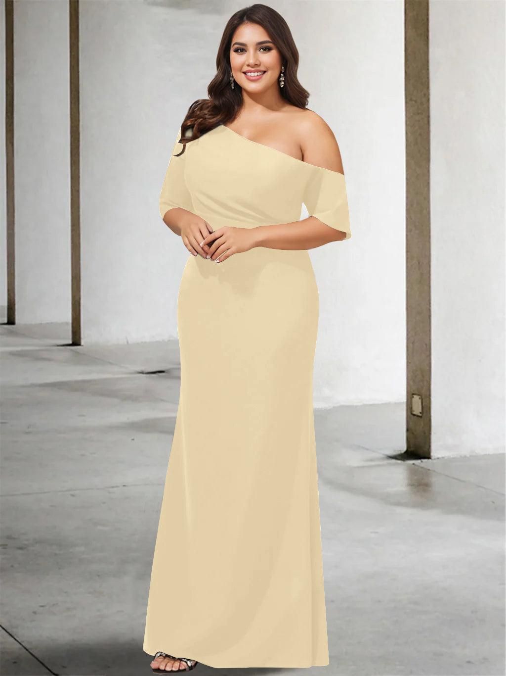 A Line Long One Shoulder 3/4 Sleeve Pure Color Plus Size Mother of the Bride Gown
