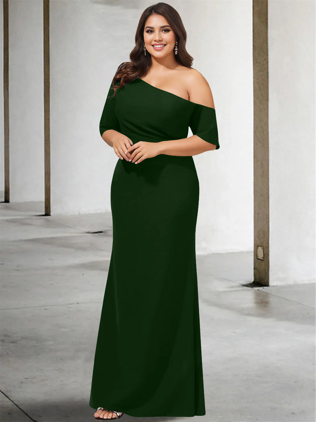 A Line Long One Shoulder 3/4 Sleeve Pure Color Plus Size Mother of the Bride Gown