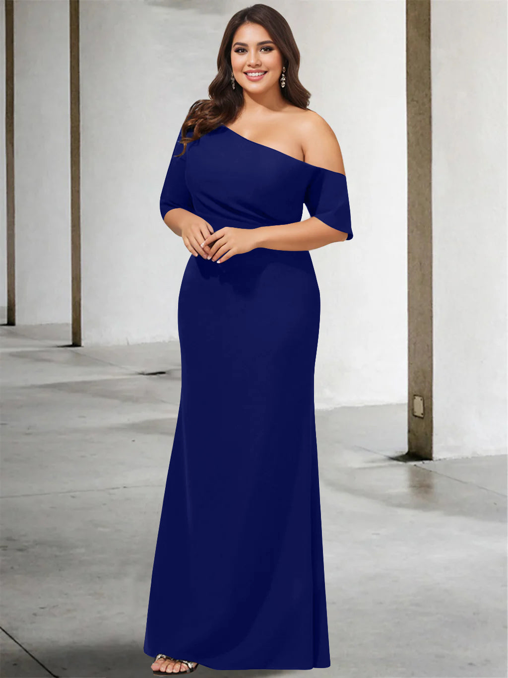 A Line Long One Shoulder 3/4 Sleeve Pure Color Plus Size Mother of the Bride Gown