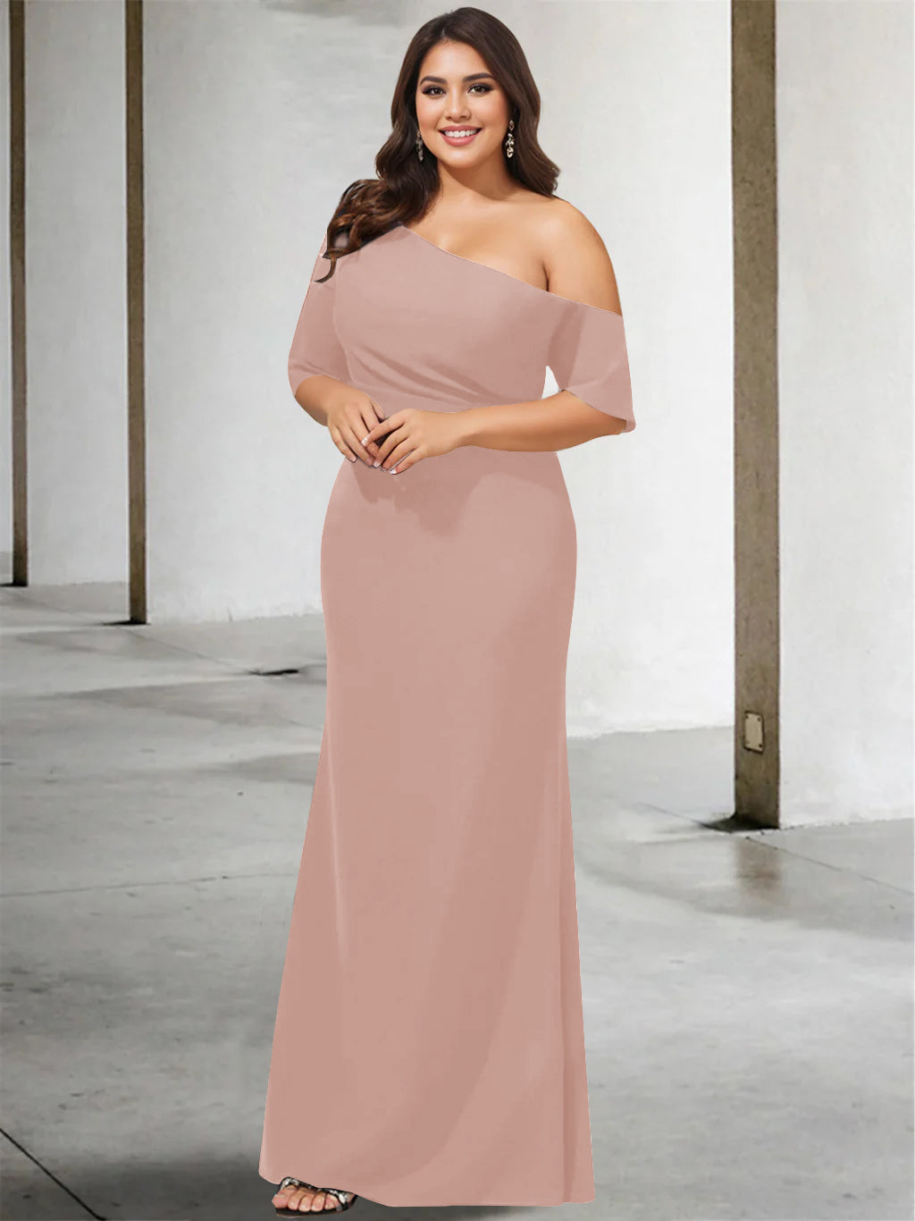 A Line Long One Shoulder 3/4 Sleeve Pure Color Plus Size Mother of the Bride Gown