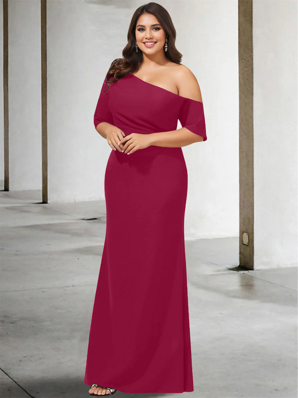 A Line Long One Shoulder 3/4 Sleeve Pure Color Plus Size Mother of the Bride Gown