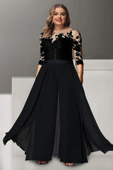 A Line Long Plus Size Mother of the Bride Pantsuit with Applique and 3/4 Sleeves Jewel Neck