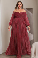 A Line Off the Shoulder Long Plus Size Mother of the Bride Dress with Long Sleeves and Ruffles