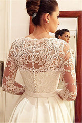 Princess A Line Satin Wedding Dress White Lace V Neck Long Sleeve Bridal Gowns