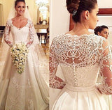 Princess A Line Satin Wedding Dress White Lace V Neck Long Sleeve Bridal Gowns