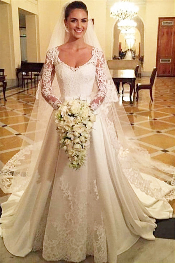 Princess A Line Satin Wedding Dress White Lace V Neck Long Sleeve Bridal Gowns