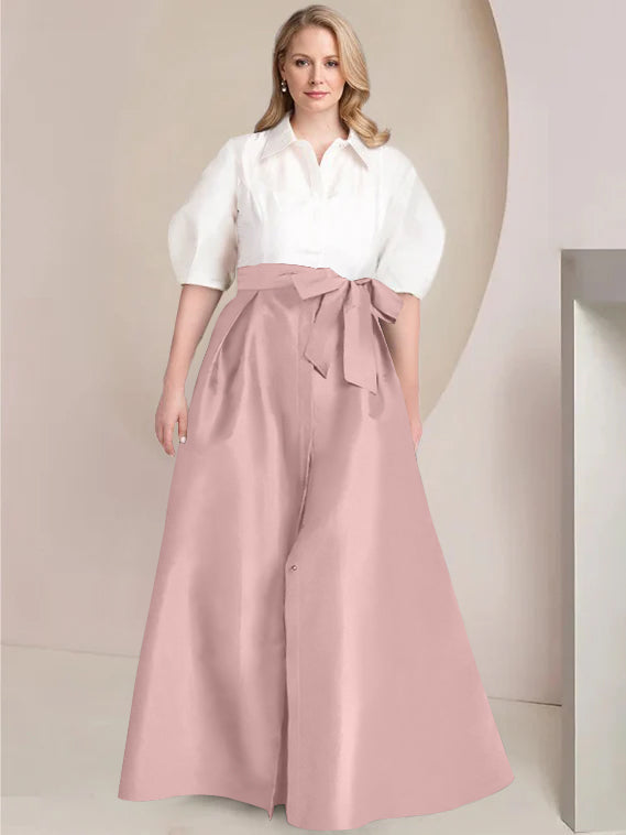 A Line Shirt Collar Long Plus Size Mother of the Bride 2 Piece Dress with Bowknot