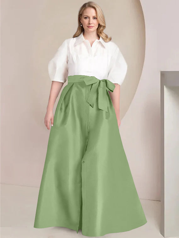 A Line Shirt Collar Long Plus Size Mother of the Bride 2 Piece Dress with Bowknot