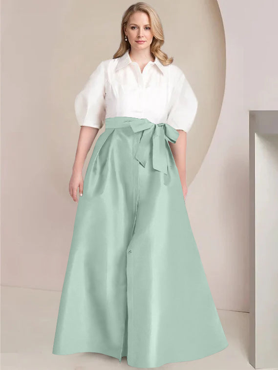 A Line Shirt Collar Long Plus Size Mother of the Bride 2 Piece Dress with Bowknot