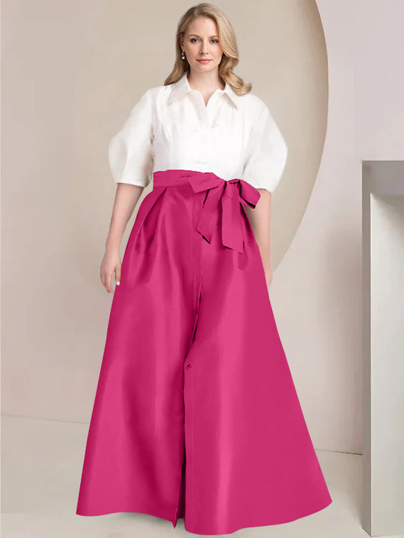 A Line Shirt Collar Long Plus Size Mother of the Bride 2 Piece Dress with Bowknot