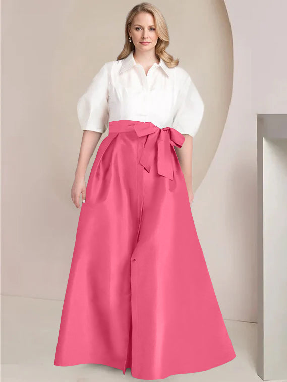 A Line Shirt Collar Long Plus Size Mother of the Bride 2 Piece Dress with Bowknot