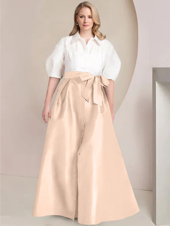 A Line Shirt Collar Long Plus Size Mother of the Bride 2 Piece Dress with Bowknot