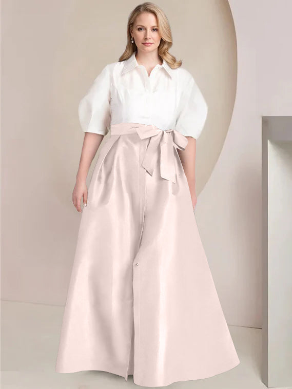 A Line Shirt Collar Long Plus Size Mother of the Bride 2 Piece Dress with Bowknot