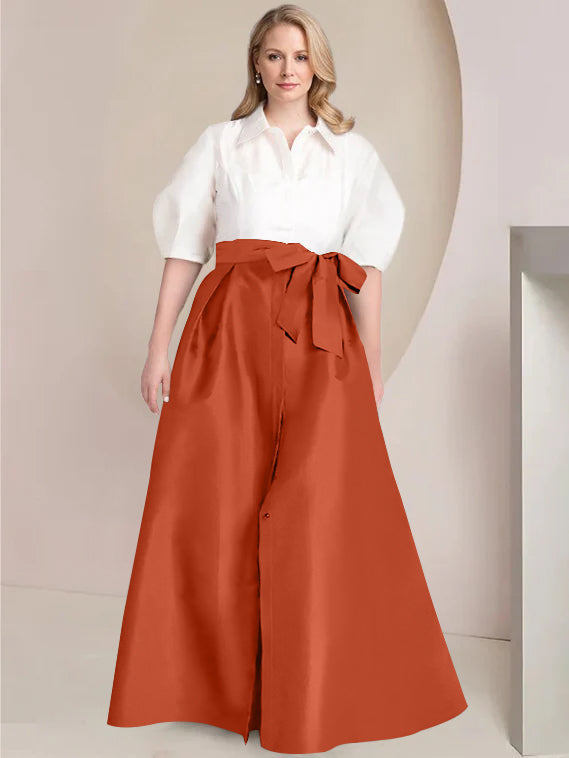 A Line Shirt Collar Long Plus Size Mother of the Bride 2 Piece Dress with Bowknot