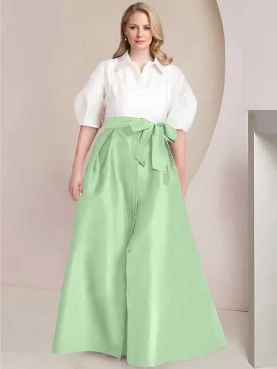 A Line Shirt Collar Long Plus Size Mother of the Bride 2 Piece Dress with Bowknot