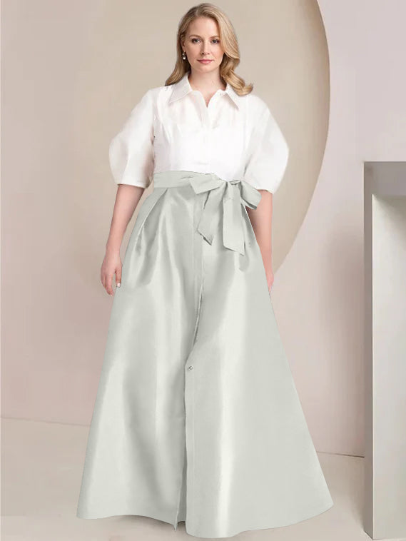 A Line Shirt Collar Long Plus Size Mother of the Bride 2 Piece Dress with Bowknot