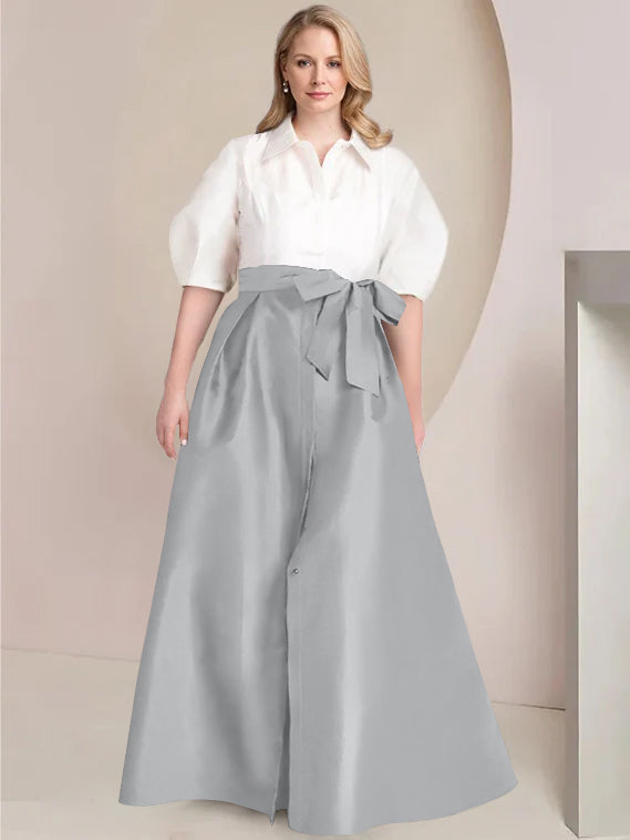 A Line Shirt Collar Long Plus Size Mother of the Bride 2 Piece Dress with Bowknot