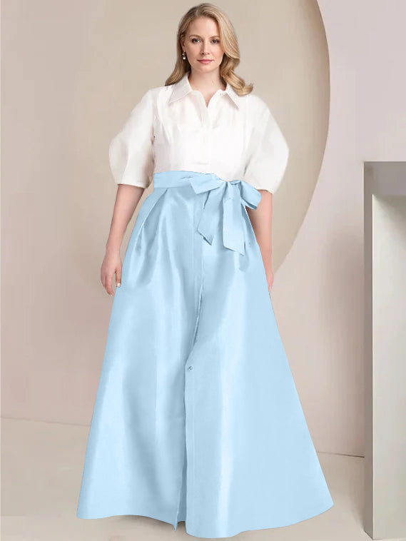 A Line Shirt Collar Long Plus Size Mother of the Bride 2 Piece Dress with Bowknot
