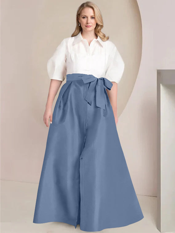 A Line Shirt Collar Long Plus Size Mother of the Bride 2 Piece Dress with Bowknot