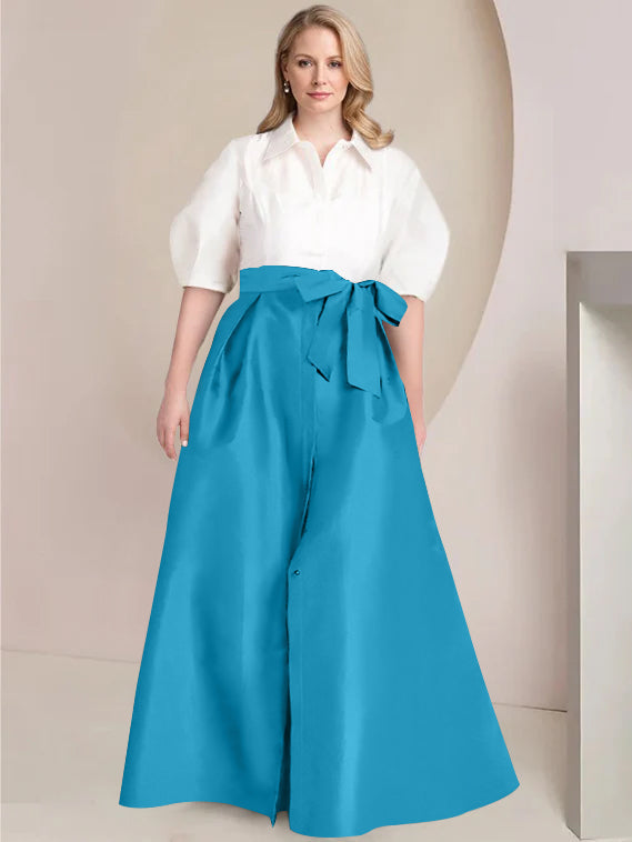 A Line Shirt Collar Long Plus Size Mother of the Bride 2 Piece Dress with Bowknot