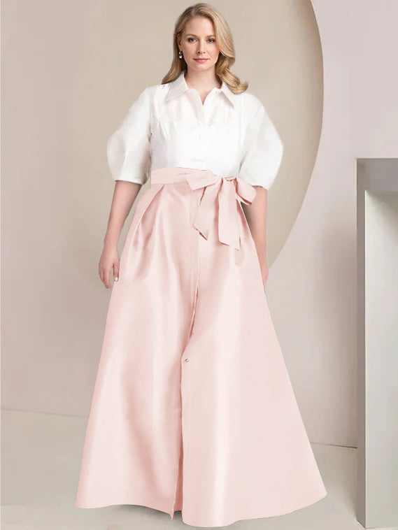 A Line Shirt Collar Long Plus Size Mother of the Bride 2 Piece Dress with Bowknot