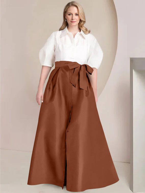 A Line Shirt Collar Long Plus Size Mother of the Bride 2 Piece Dress with Bowknot