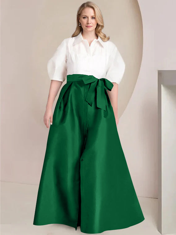 A Line Shirt Collar Long Plus Size Mother of the Bride 2 Piece Dress with Bowknot