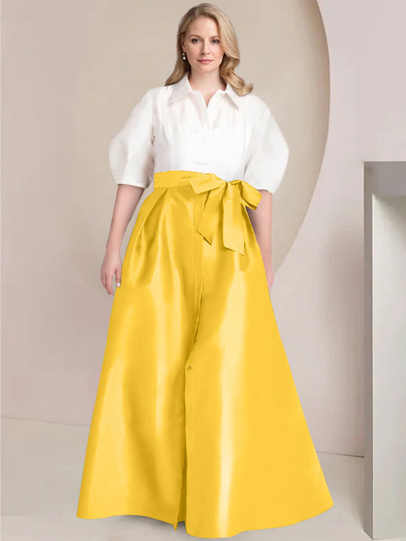 A Line Shirt Collar Long Plus Size Mother of the Bride 2 Piece Dress with Bowknot