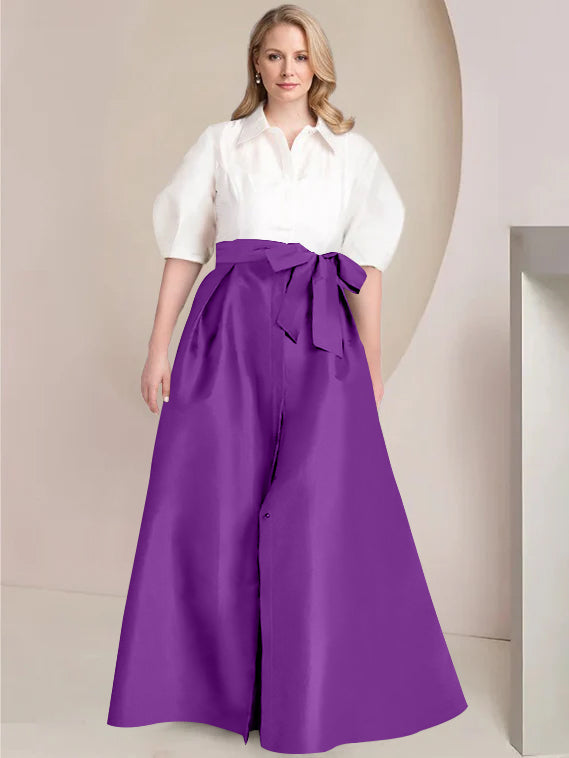 A Line Shirt Collar Long Plus Size Mother of the Bride 2 Piece Dress with Bowknot