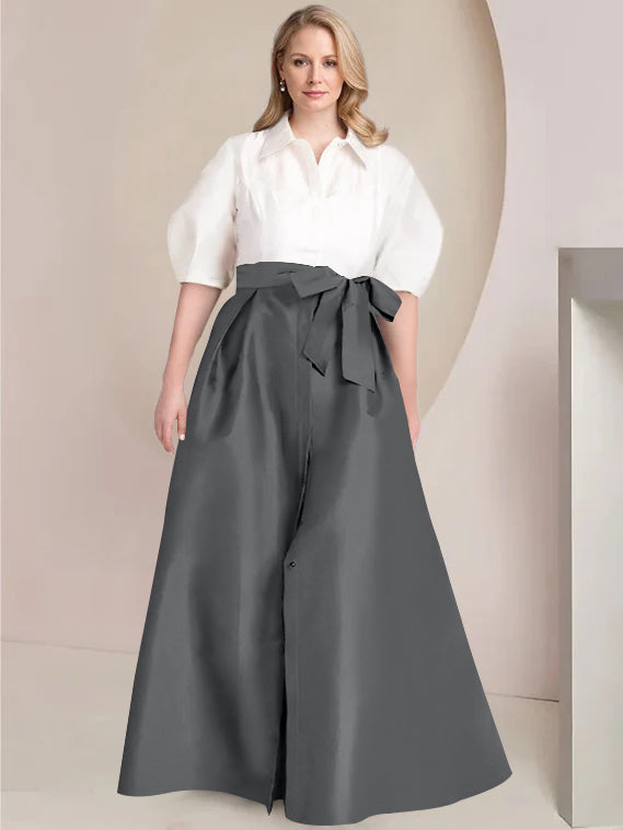 A Line Shirt Collar Long Plus Size Mother of the Bride 2 Piece Dress with Bowknot