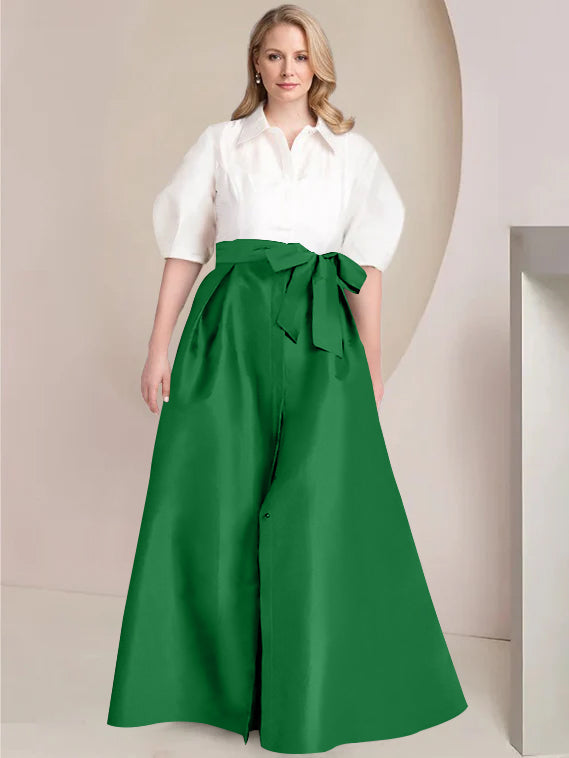 A Line Shirt Collar Long Plus Size Mother of the Bride 2 Piece Dress with Bowknot