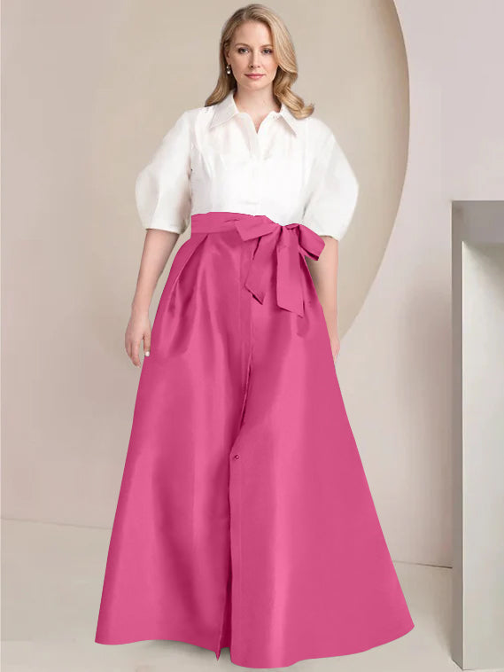 A Line Shirt Collar Long Plus Size Mother of the Bride 2 Piece Dress with Bowknot