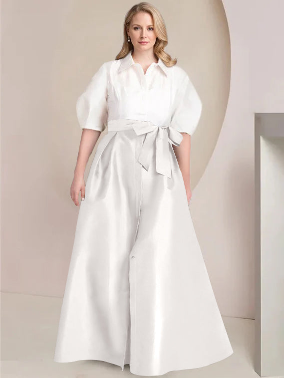 A Line Shirt Collar Long Plus Size Mother of the Bride 2 Piece Dress with Bowknot
