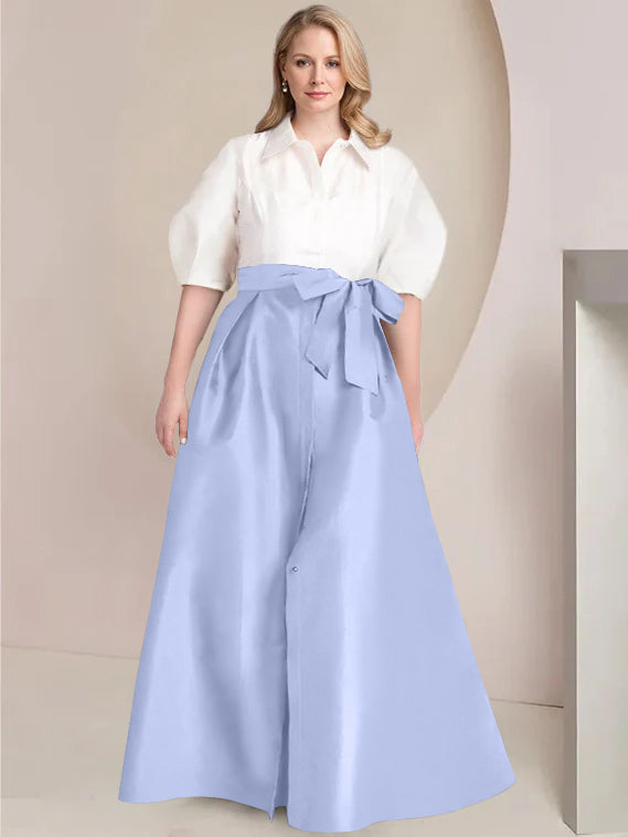 A Line Shirt Collar Long Plus Size Mother of the Bride 2 Piece Dress with Bowknot