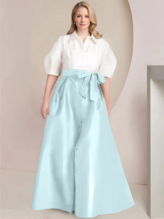 A Line Shirt Collar Long Plus Size Mother of the Bride 2 Piece Dress with Bowknot