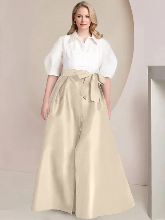 A Line Shirt Collar Long Plus Size Mother of the Bride 2 Piece Dress with Bowknot