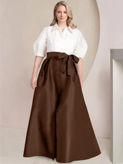 A Line Shirt Collar Long Plus Size Mother of the Bride 2 Piece Dress with Bowknot