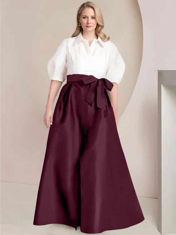 A Line Shirt Collar Long Plus Size Mother of the Bride 2 Piece Dress with Bowknot